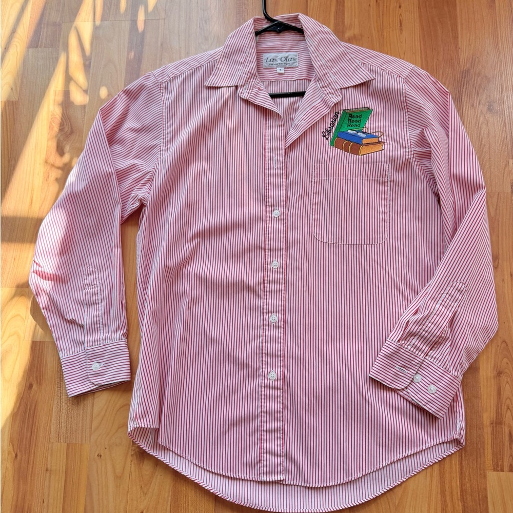 VINTAGE Red Striped Librarian Embroidered Button Down Top